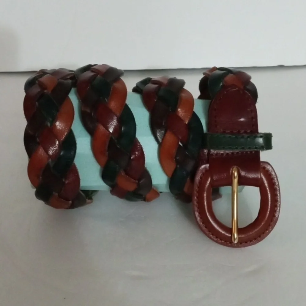 Women's Braided Leather Belt  sz L Tan Dark Green Brown Preowned